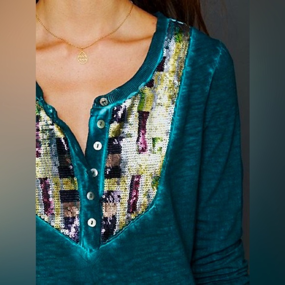Free People Teal Long Sleeve Henley with Sequin Bib
